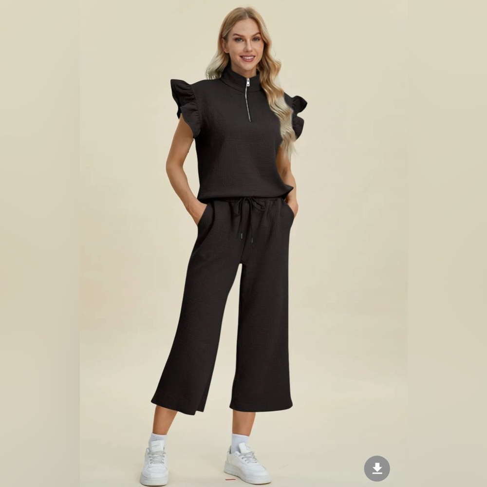 Texture Ruffle Short Sleeve Top and Wide Leg Pants Set